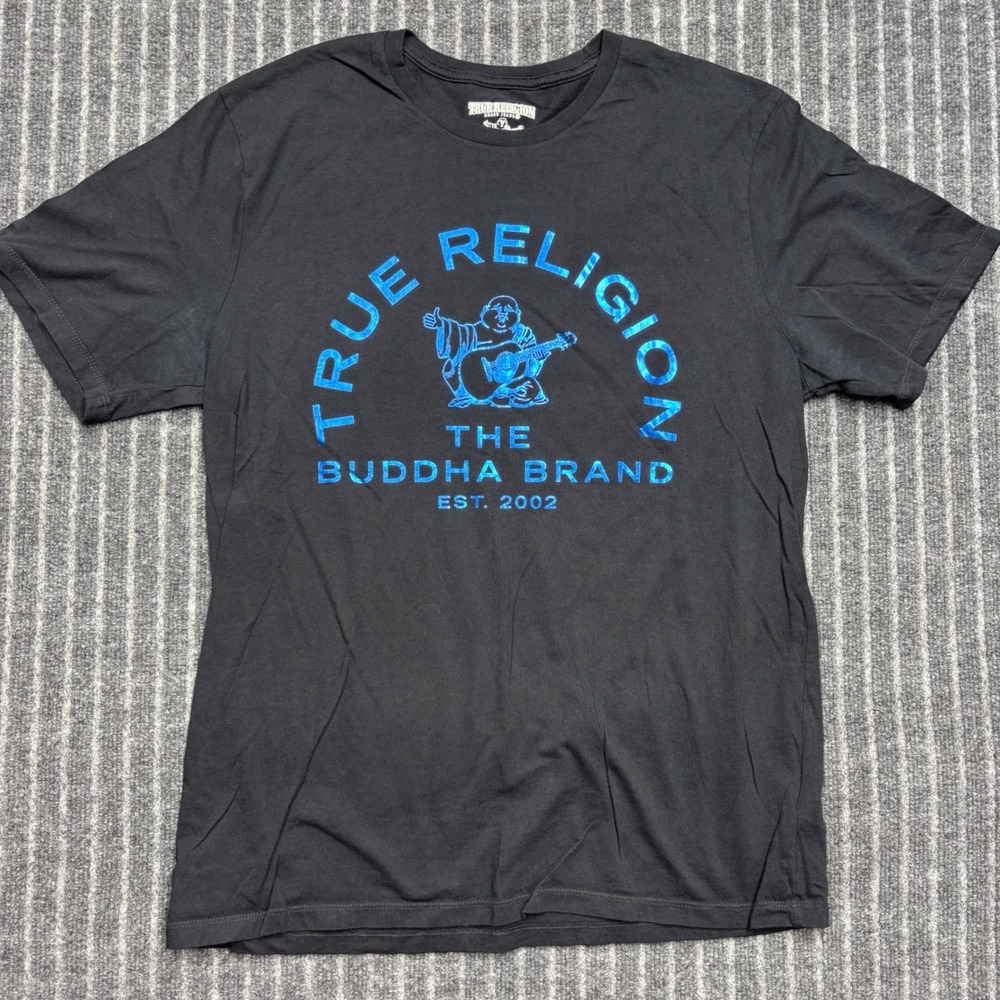 True Religion Mens Buddha Logo Graphic T-Shirt XL Black Blue Foil Short Sleeve